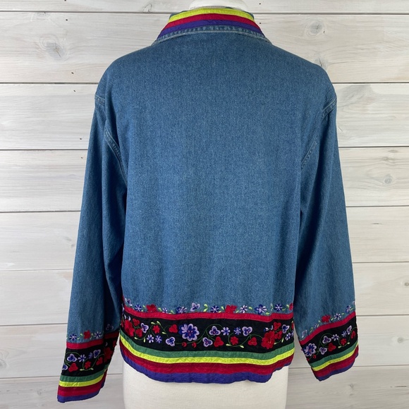 Tantrum Blues Blue Denim Jacket Women's Embroidered Flowers Ribbon Trim - Picture 4 of 7